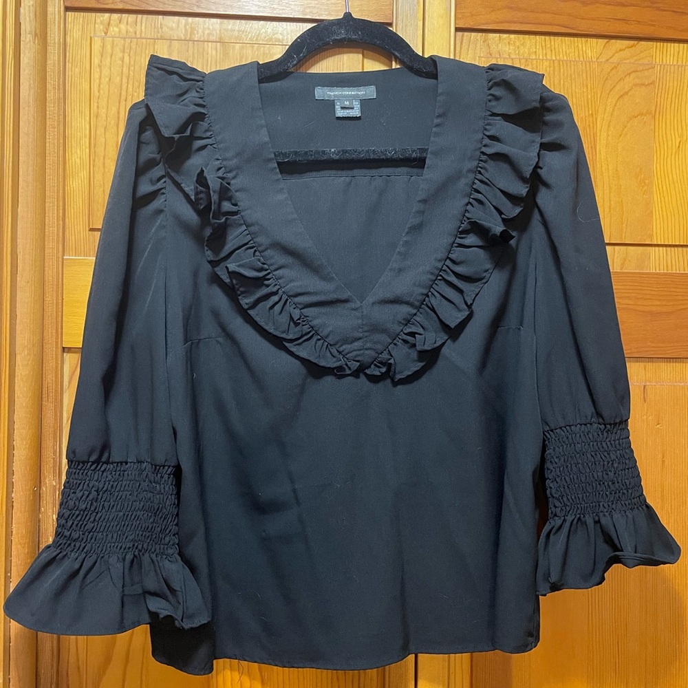 French Connection Black Ruffle V-Neck Blouse